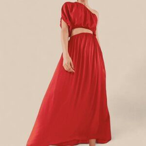 Farm Rio Red Satin One Shoulder Knot Elasticated Waist Bodice Cuff Maxi Dress